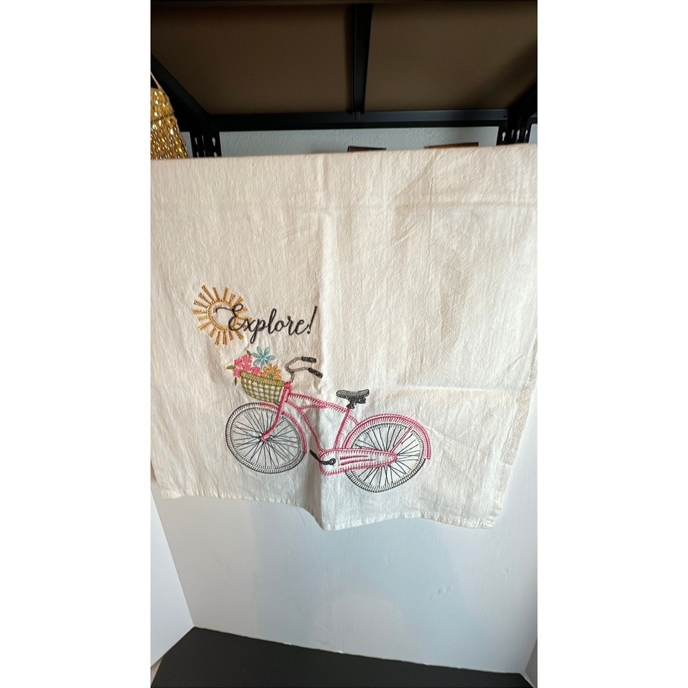 Embroidered Explore Pink Bicycle Kitchen Tea Towel‎ White Cotton Dish Cloth